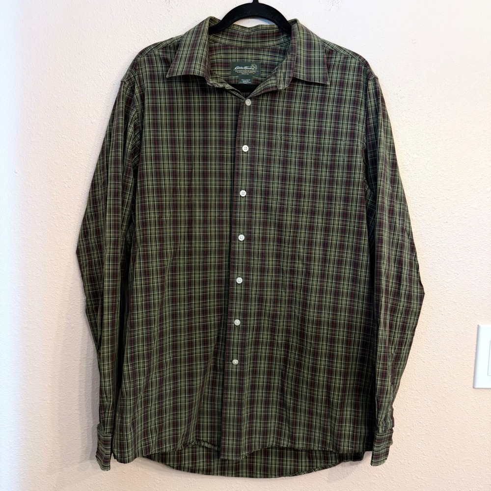 Eddie Bauer Mens Large Tall Plaid Button Down Shirt Cotton Olive Green D4067137